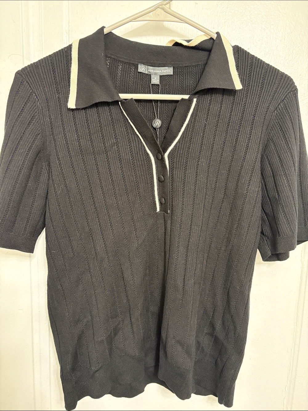 Adrianna Papell Black Knit Polo Top with Cream Trim